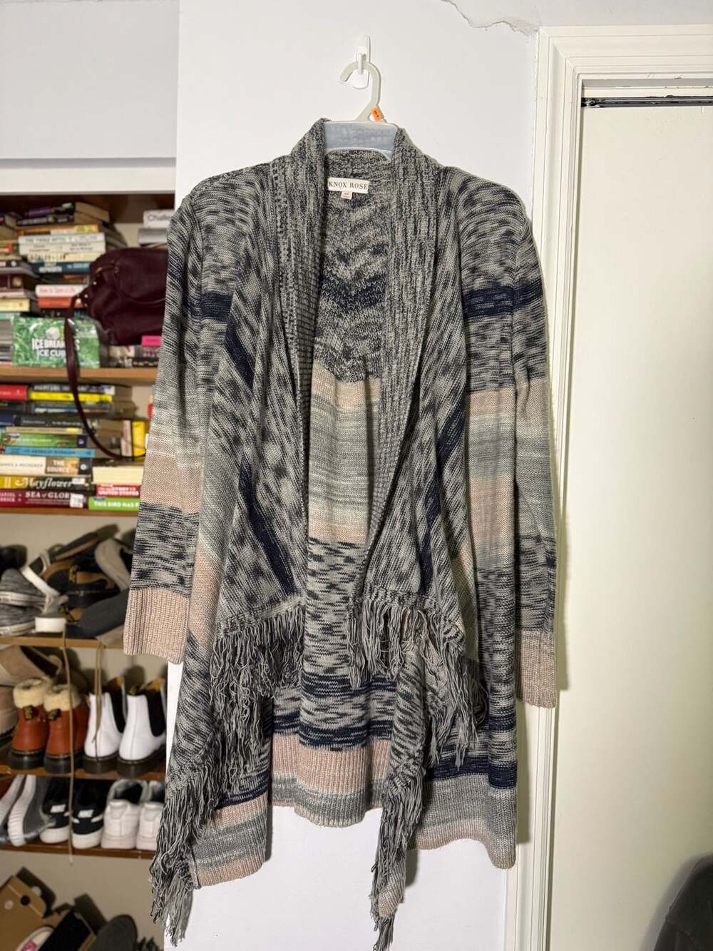 Knox Rose Open Cardigan Size XXL Gray Striped Fringe